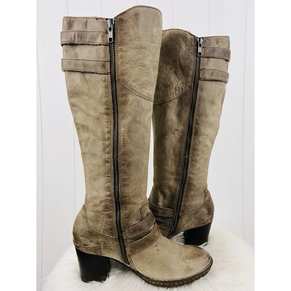 Born Milari Brown Soft Leather Tall Moto Riding Boots Distressed Buckled Size 9